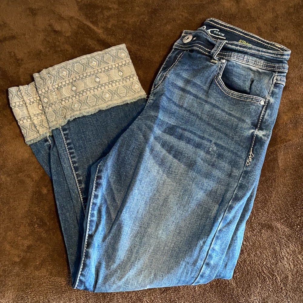 INC Straight Crop Jeans with Embroidery Hem